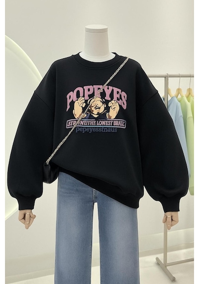 Benroma 3 İplik Penye Popeyes Baskılı Unisex Sweatshırt SIYAH