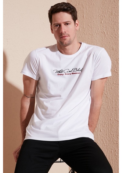 Buratti Pamuklu Slim Fit Bisiklet Yaka Yazılı Erkek T Shirt 541Enjoy Beyaz