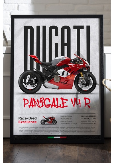 Ducati Panigale V4 R Siyah Ahşap Çerçeveli Poster, Dekoratif Motosiklet Duvar Tablosu