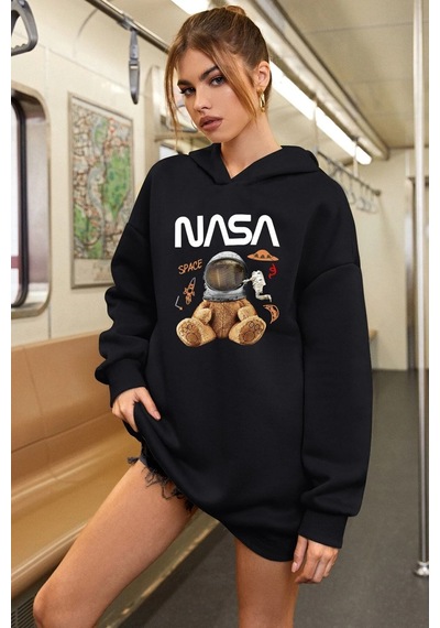 Uyguntarz Unisex Nasa Bear Baskılı Sweatshirt siyah