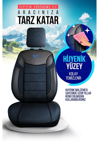 Lacivert - Siyah Panda Dragon Serisi Dokuma Kumaş Oto Koltuk Kılıfı - Tam Set