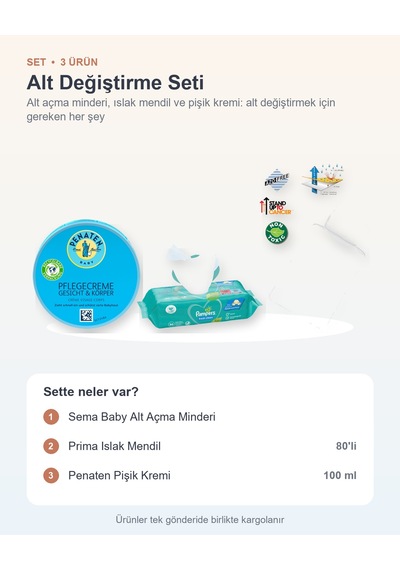 Alt Değiştirme Seti 3 Parça: Sema Baby Alt Açma Minderi + Prima Islak Mendil + Penaten Pişik Kremi