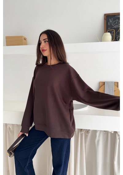 Femelle Kahverengi Modal Kumaş Basic Sweatshirt