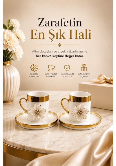 2 Li Gold Yaldızlı Porselen Lotus Çiçek Kahve Fincan Takımı 100ml Beyaz