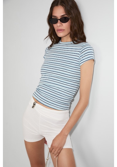 Grımelange Hopewell Kadın Yuvarlak Yaka Örme Slim Fit Mavi Çizgili T-shirt