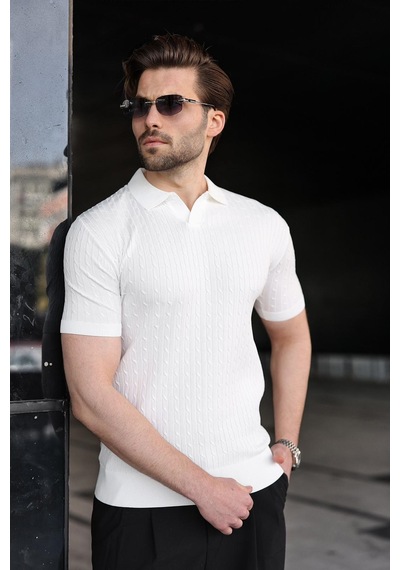 Madmext Beyaz Slim Fit Polo Yaka Triko Erkek Tişört E7472 Beyaz