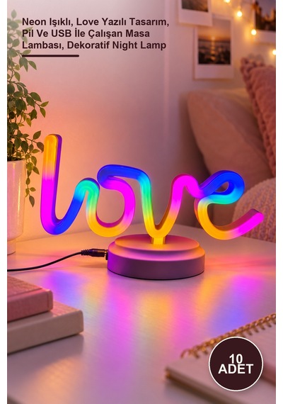 10 Adet Love Neon Masa Gece Lambası Neon Işıklı, Love Yazılı Tasarım, Pil Ve Usb İle Çalışan Masa Lambası, Dekoratif Night Lamp Diğer