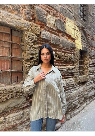 WeShaya Haki Çizgili Oversize Keten Gömlek Haki WeShaya Haki Çizgili Oversize Keten Gömlek Haki