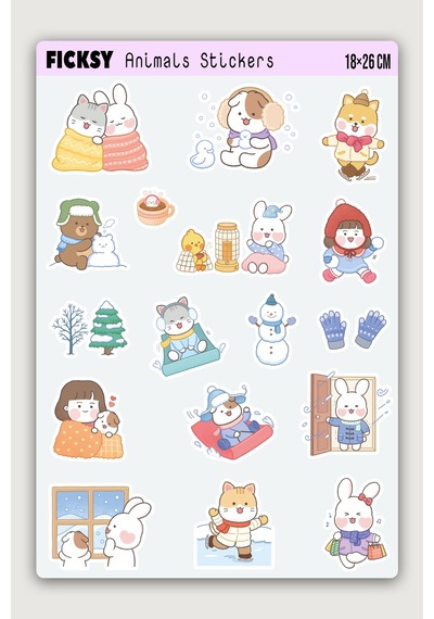 Kawaii Stili Sevimli Hayvanlar Kış Temalı Sticker Seti - 65 Adet Etiket Çıkartma Diğer