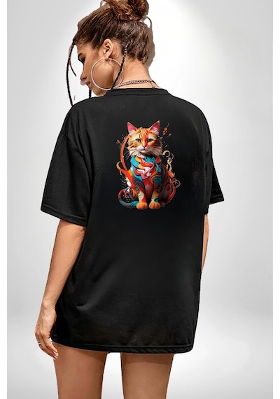 Renkli Yağlı Boya Kedi Siyah Oversize Unisex Ön Ve Sırt Baskılı Tişört Siyah