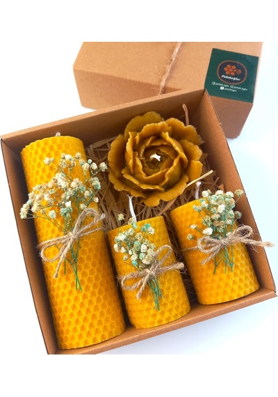 Balmumu Mum Dekoratif Hediye Kutusu 4 Lü Set Doğal Petek Beeswax Candle Açmış Gül Yeşil Krem Süslemeli Açmış Genel