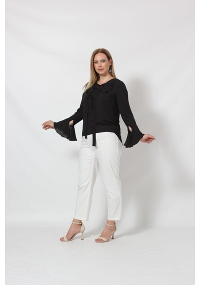 Moda Berray 3241-5 Siyah İspanyol Kol Boyun Bağlama Detaylı Bluz Siyah