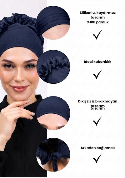 Alivascarf Kaymayan Fırfırlı Silikonlu Dikişsiz Kaymaz Bone Kadın Tesettür Bağlamalı İç Bone Lacivert