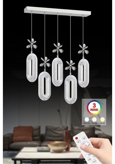 İstanbul Avize Led Alfa 5'li Sıralı Led Gümüş Yemek Masası Kumandalı 3 Renk Ledl