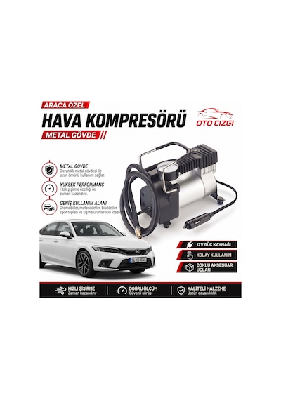 Honda Civic Lastik Hava Kompresörü - Çakmaklık Girişli Göstergeli Metal Gövdeli Oto Şişirme Pompası