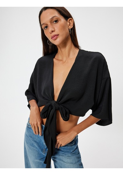 Koton Crop Üst V Yaka Bağlama Detaylı Oversize Kimono Kol Siyah 4sal50001ıw Siyah