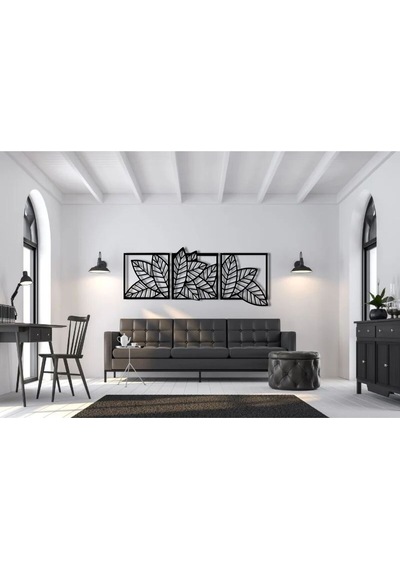 Yaprak Model 3 Lü Dekor Ahşap Duvar Süs Tablo Siyah Renk 147x52 Cm