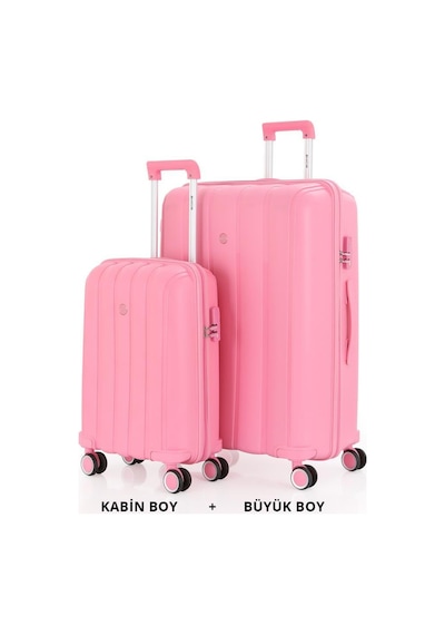 Mçs Bavul Büyük Ve Kabin 2li Set Kırılmaz Silikon Valiz V305 Pembe