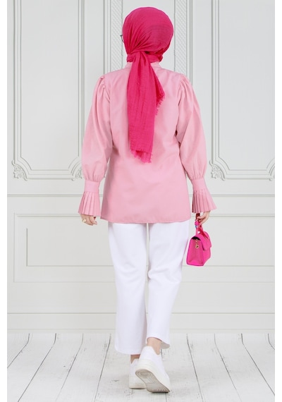 Sevitli Gül Broşlu Kolu Fırfırlı Tunik-pembe-3610-pembe Pembe