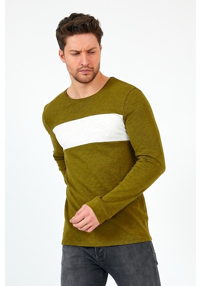 MMetalic Haki Unisex Regular Fit Bisiklet Yaka Uzun Kollu Şeritli Sweat Haki