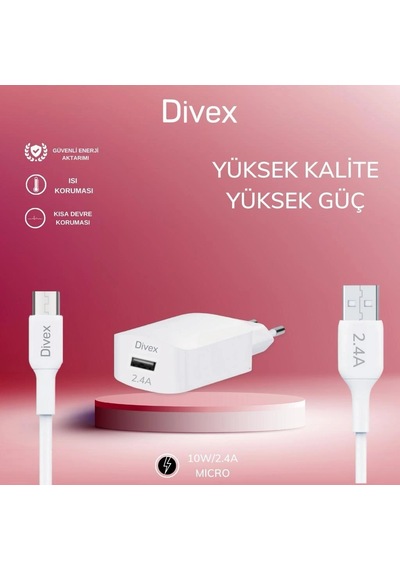Divex Micro Usb Kablo - Adaptör 2.4a Ev Tipi Şarj Aleti Ds-200