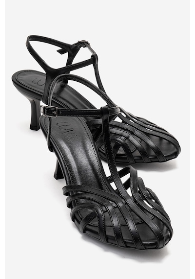Luvishoes Luvi Shoes Felip Siyah Cilt Bantlı Kadın Kısa Topuklu Ayakkabı Siyah