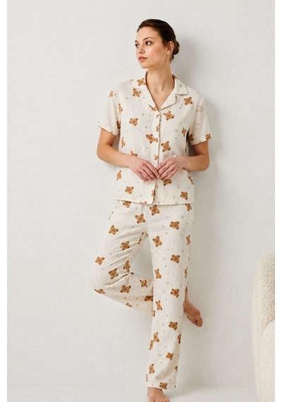 V Yaka Kapama Lastik Bel Kırık Beyaz Pijama Takımı