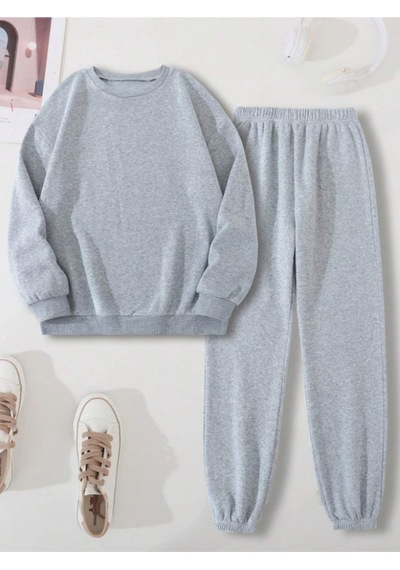Düz Kalın Kışlık Eşofman Takımı - Gri Sweatshirt Jogger Oversize Sıfır Yaka Gri