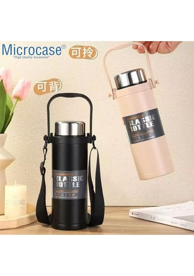 Paslanmaz Çelik 800ml Omuz Askılı El Tutacaklı Süzgeçli Termos Mug - Al5025 Siyah Diğer