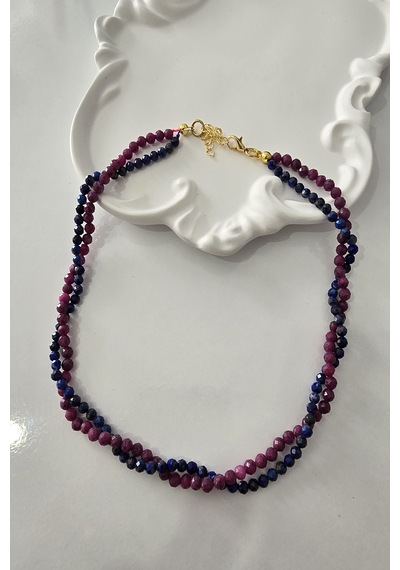 Sertifikalı 3 Mm Yakut, 3 Mm Lapis Lazuli Doğaltaş Kolye Lacivert - Kırmızı