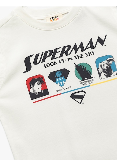 Koton Lisanslı Superman Baskılı Bisiklet Yaka Kolsuz Tişört Ekru 5skb30054tk