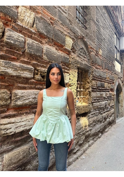 WeShaya Mint Pamuk Polyester Kare Yaka Bluz Mint