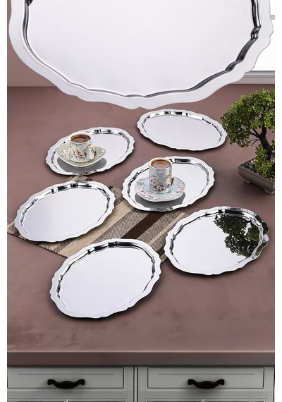 6 Adet Oval Dalgalı Sade Kahve Ve Sunum Tepsisi 20 Cm X 25 Cm, Gümüş
