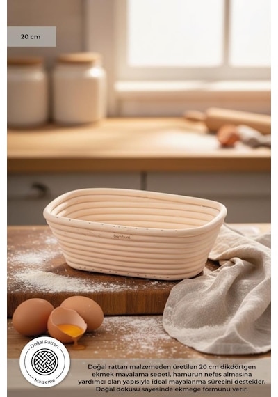 Bambum Puder - Ekmek Mayalama Sepeti Dikdörtgen 20 Cm Ahşap