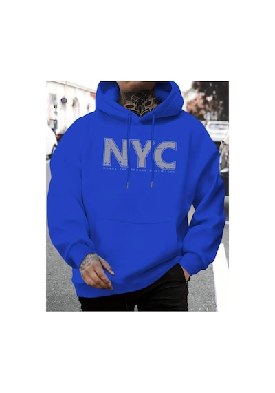 Herkesemoda Nyc Baskı Detaylı Kapüşonlu Sweatshırt Mavi