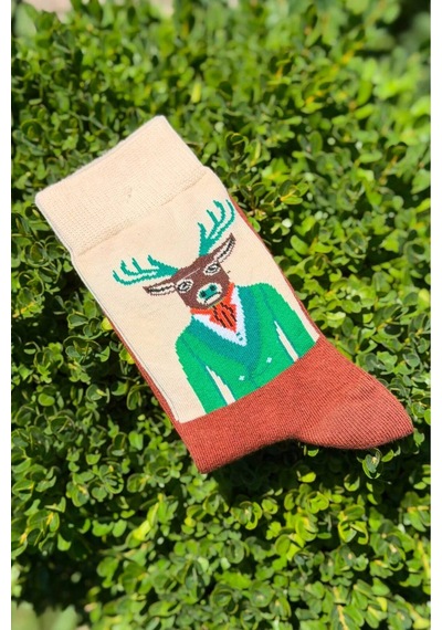 Lousocks Unisex Geyik Desenli Renkli Soket Çorap Bej