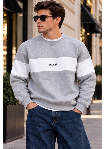Tarz Cool Erkek Şerit Detaylı Believe Baskılı 3 İplik Şardonlu Bisiklet Yaka Sweatshirt Gri