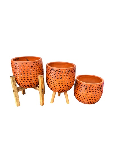 Bitki Tasarımı Siyah Nokta Desenli Terakota Saksı & Saksılık Dekoratif Salon Çiçekliği 3'lü Set 15 Cm