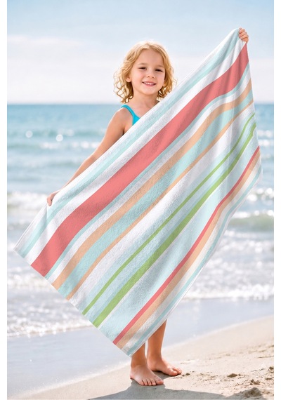 Çizgili Pastel Renkli Mikrofiber Plaj Havlusu - Akdeniz Stil Havuz Deniz Banyo Sahil Örtüsü Berrak Porselen