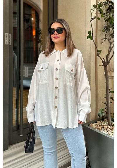 WeShaya Kadın Beyaz Balon Kol, Pileli, Yırtmaçlı, Oversize, Keten Tunik Gömlek Beyaz