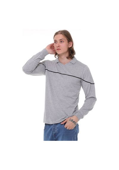 Uniprom Uzun Kollu Erkek T- Shirt Penye Polo Yaka %100 Pamuk Gri Melanj Açık Gri Melanj