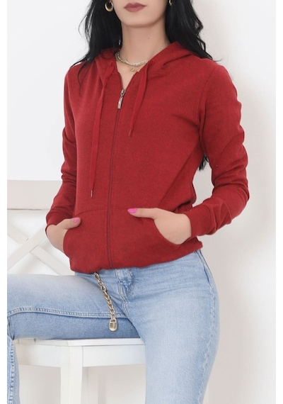 Bensu Store - Kapşonlu Fermuarlı Sweat Bordo - 11866.108. 001