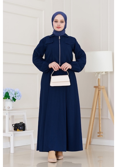 Sevitli Fermuarlı Cepkenli Jile Elbise-lacivert-5122