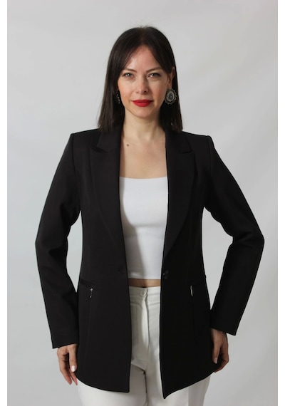 Moda Berray 1904 Siyah Fermuarlı Cep Aksesuarlı Kadın Büyük Beden Blazer Ceket Siyah