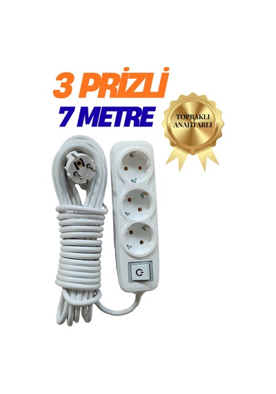 Klc 3'lü Grup Priz 7 Metre Anahtarlı Topraklı Çocuk Korumalı Uzatma Kablosu Seyyar Kablo 3lü Priz Beyaz 6 - 8 M
