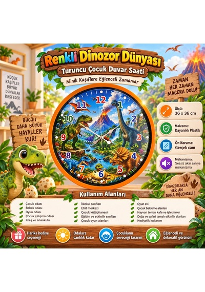 Almira Duvar Saati Renkli Dinazor Dünyası 36 X 36 Cm Turuncu Çocuk Duvar Saati