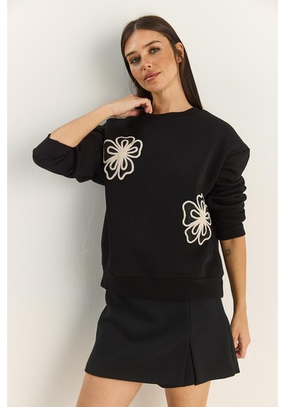 Shade Kadın Bisiklet Yaka Çiçek Nakışlı Üç İplik Şardonlu Sweatshirt 60601045 - Siyah