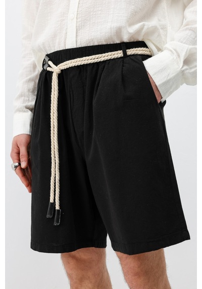 Vamos Kemerli Oversize Keten Şort Siyah