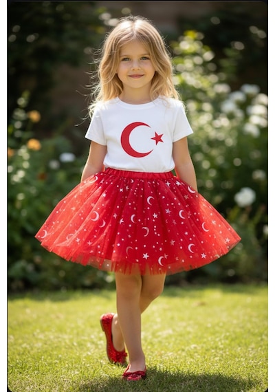 Gala Kız Çocuk Tütülü Ay Yıldızlı Etek Kırmızı