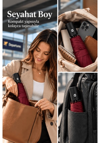Lipra Kılıflı Otomatik Kompakt Şemsiye 98 Cm 8 Telli Tek Tuş Açılır Katlanabilir Yağmur Şemsiyesi Bordo